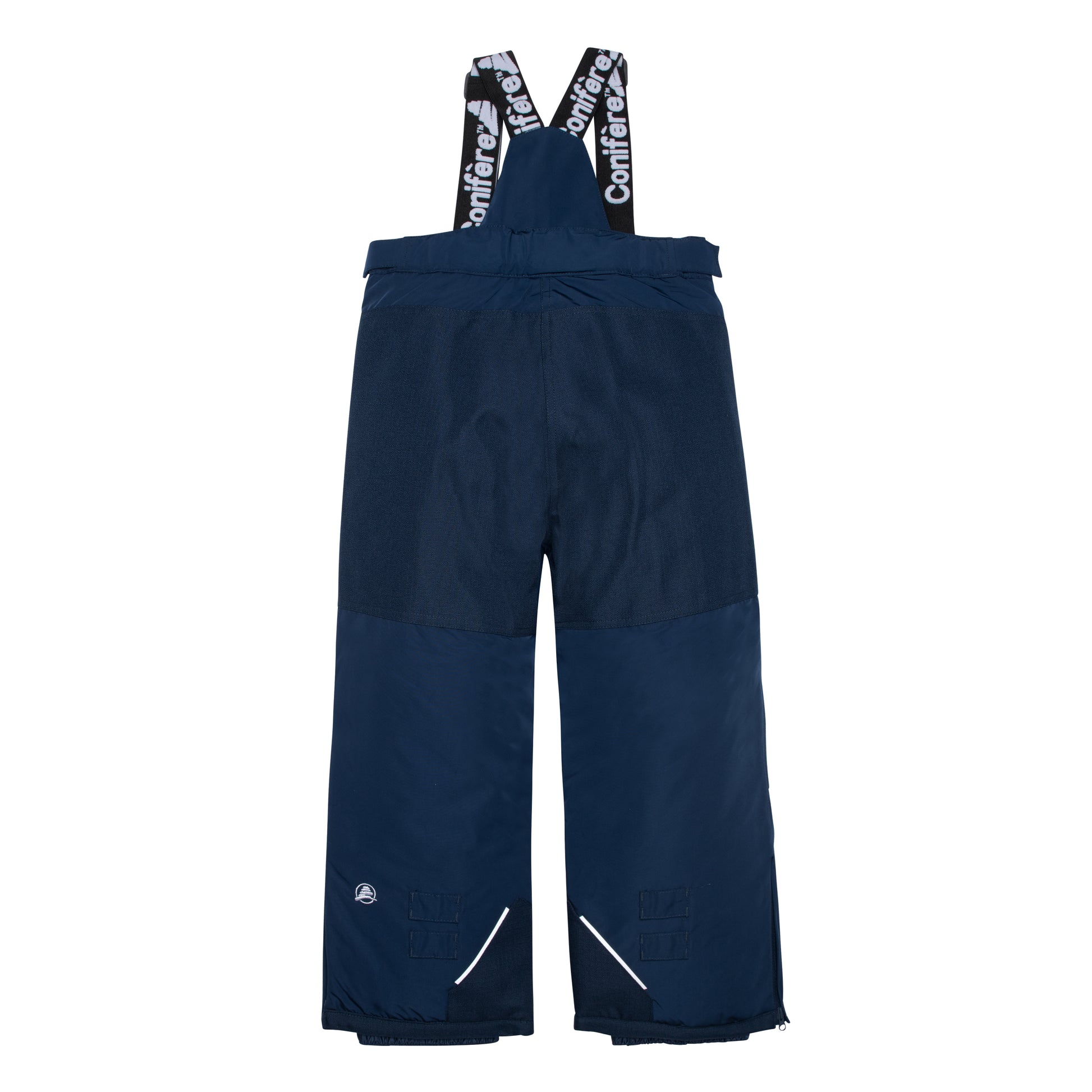 Adjustable suspender pants with elastic waist, reflective piping, Corduratech reinforcement, and side zippers