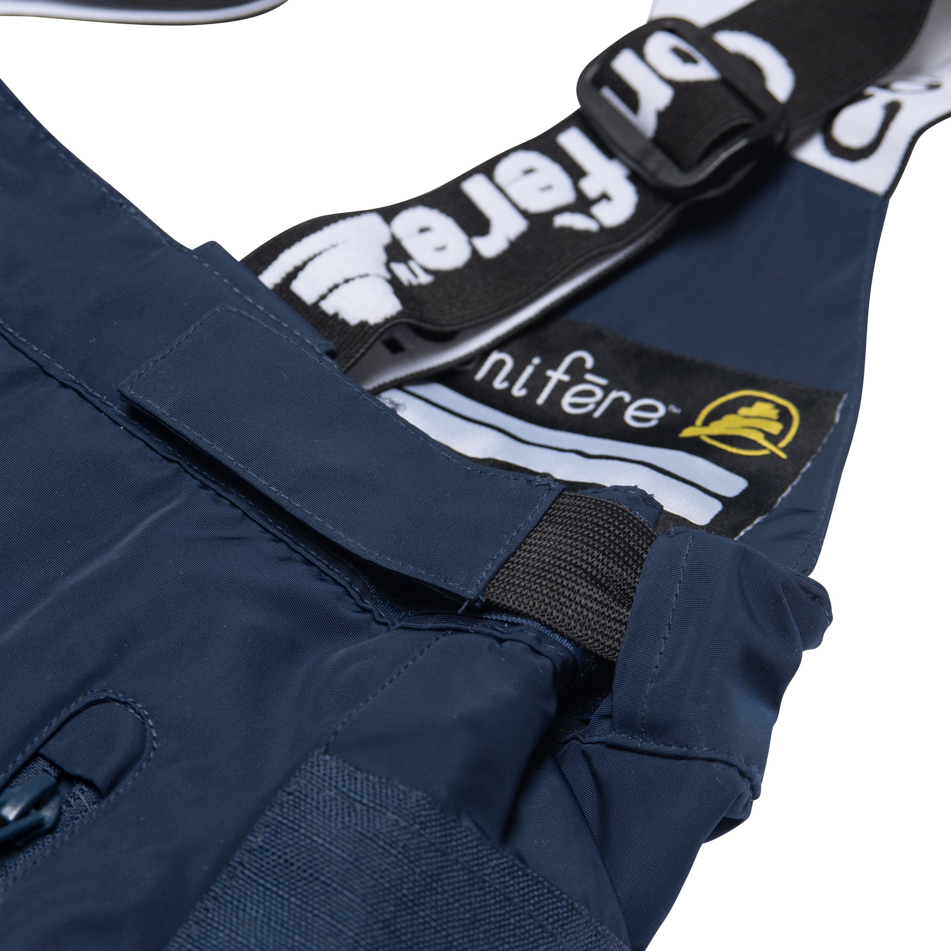 Adjustable suspender pants with elastic waist, reflective piping, Corduratech reinforcement, and side zippers