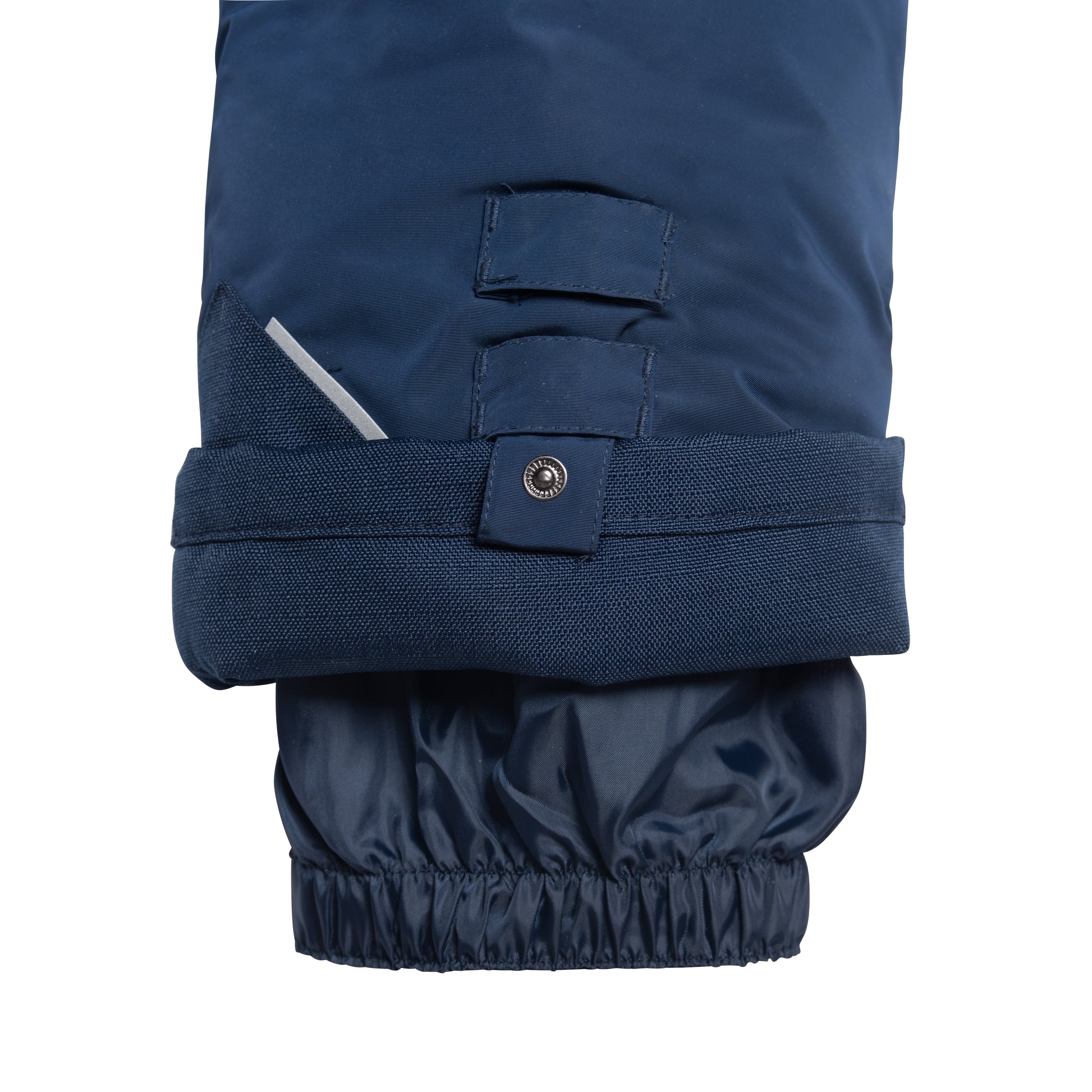 Adjustable suspender pants with elastic waist, reflective piping, Corduratech reinforcement, and side zippers