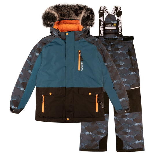 Minus 35 C cold protection jacket with water repellent shell, LED light, fleece lining, adjustable cuffs, YKK zipper, snowskirt. Includes durable pants with elastic suspender, reflective piping, Corduratech reinforcement, adjustable hem, side zippers, removable bib.