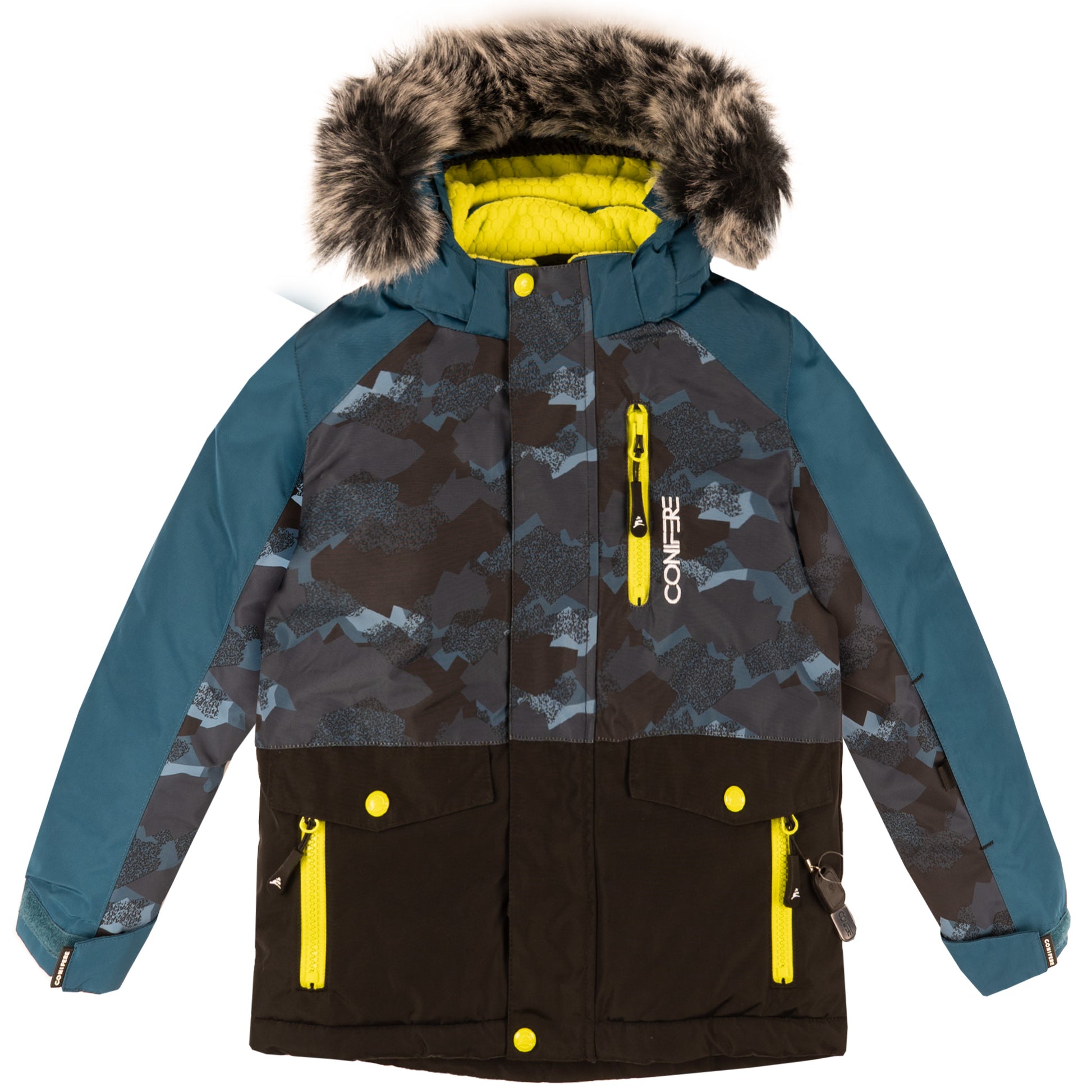 Minus 35 C cold protection jacket with water repellent shell, LED light, fleece lining, adjustable cuffs, YKK zipper, snowskirt. Includes durable pants with elastic suspender, reflective piping, Corduratech reinforcement, adjustable hem, side zippers, removable bib.