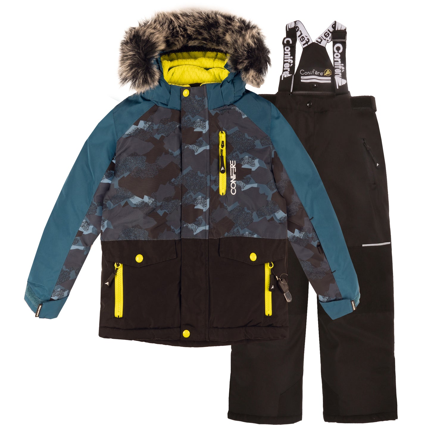 Minus 35 C cold protection jacket with water repellent shell, LED light, fleece lining, adjustable cuffs, YKK zipper, snowskirt. Includes durable pants with elastic suspender, reflective piping, Corduratech reinforcement, adjustable hem, side zippers, removable bib.