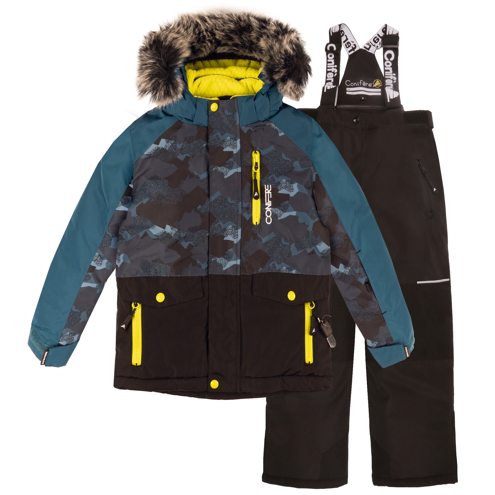 Minus 35 C cold protection jacket with water repellent shell, LED light, fleece lining, adjustable cuffs, YKK zipper, snowskirt. Includes durable pants with elastic suspender, reflective piping, Corduratech reinforcement, adjustable hem, side zippers, removable bib.