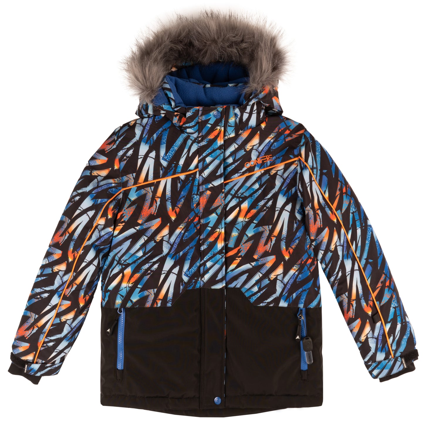 Men's winter jacket with -35 C cold protection, water repellent shell, breathable fabric, LED light, fleece lining, adjustable cuffs, YKK zipper, snowskirt. Includes durable pants with adjustable suspenders, reflective piping, Corduratech reinforcement, adjustable leg hem, side zippers, removable bib