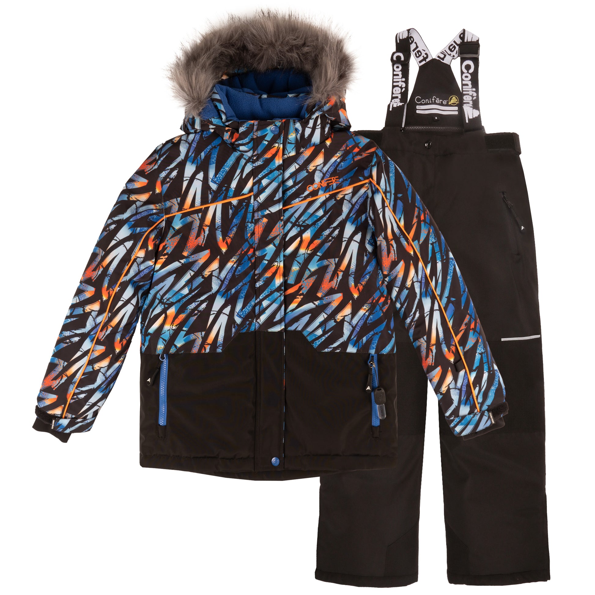 Men's winter jacket with -35 C cold protection, water repellent shell, breathable fabric, LED light, fleece lining, adjustable cuffs, YKK zipper, snowskirt. Includes durable pants with adjustable suspenders, reflective piping, Corduratech reinforcement, adjustable leg hem, side zippers, removable bib