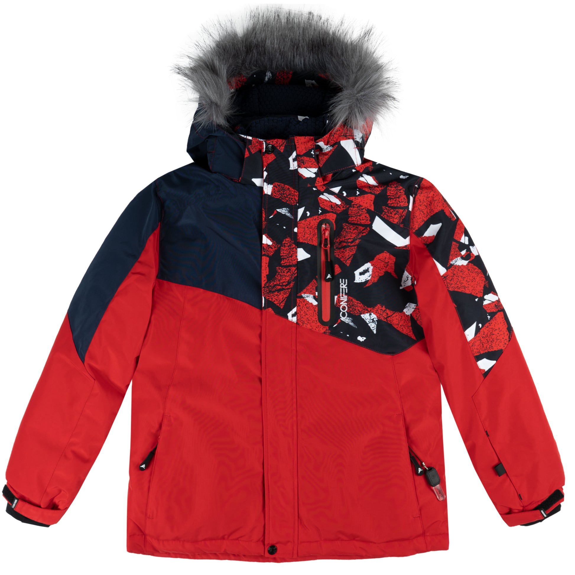 Parka with water resistant outer shell, Cold Factor Protection up to -35°C, wind stopper panel, removable hood and fur trim, LED light, anti-pill polar fleece lining, adjustable cuffs, YKK zipper.