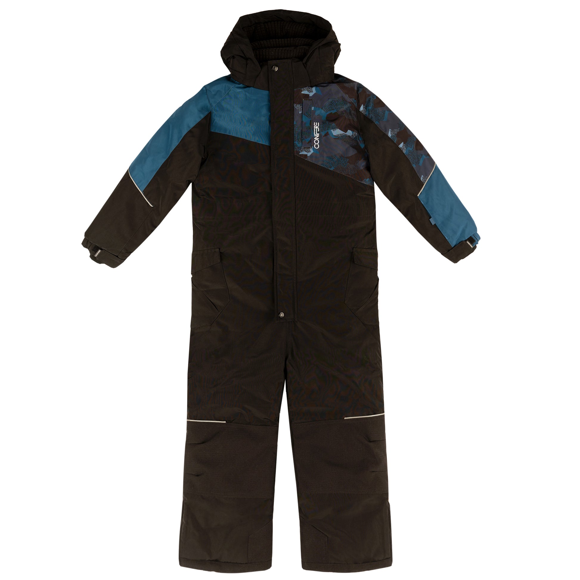 1-piece snowsuit with water-resistant shell, wind stopper panel, removable hood, LED light, fleece lining, adjustable cuffs, YKK zipper, reflective piping, Corduratech reinforcement, adjustable leg hem, side zippers.