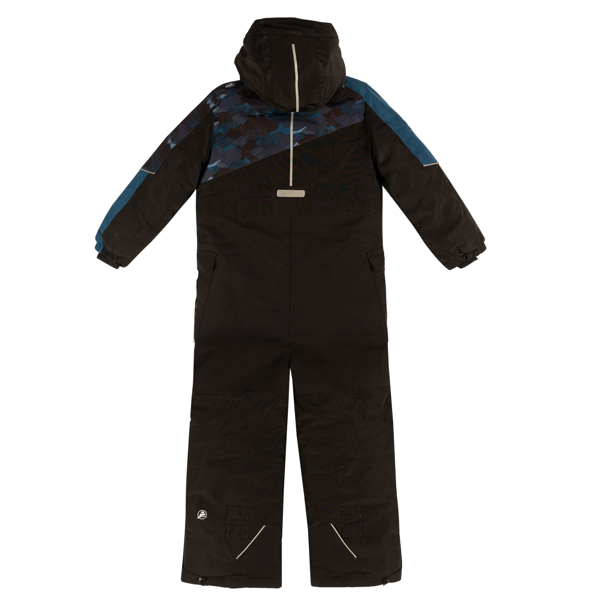 1-piece snowsuit with water-resistant shell, wind stopper panel, removable hood, LED light, fleece lining, adjustable cuffs, YKK zipper, reflective piping, Corduratech reinforcement, adjustable leg hem, side zippers.