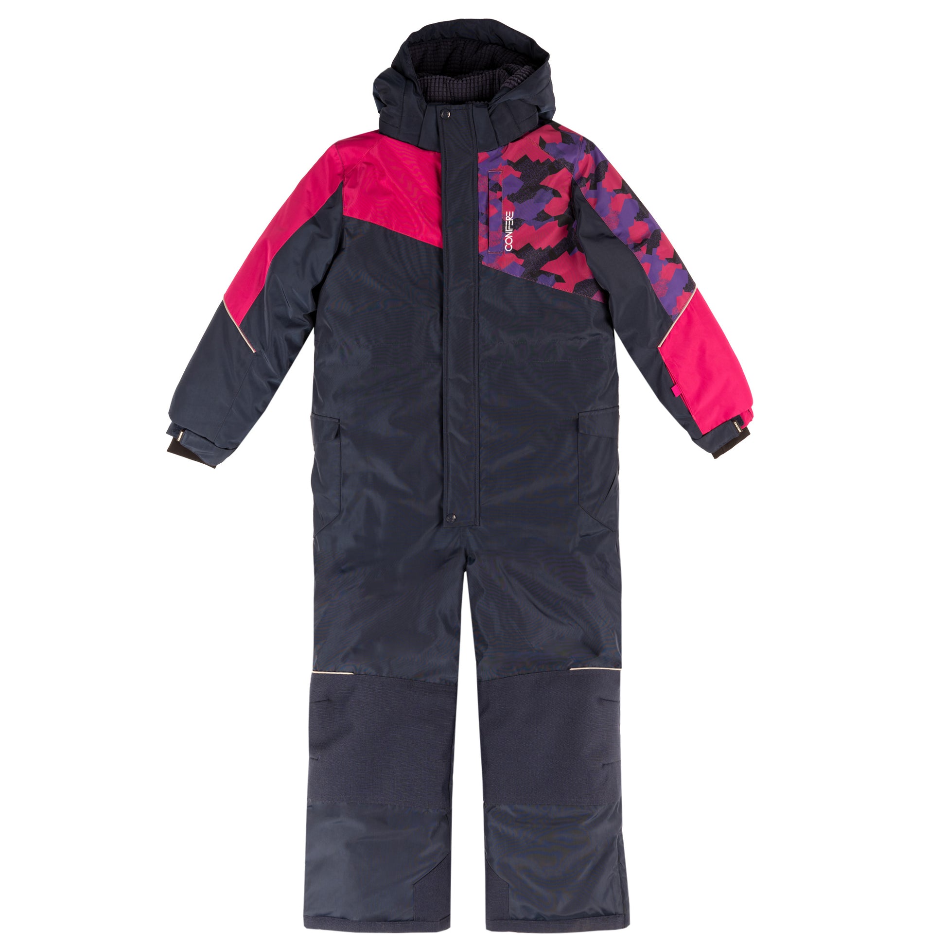 1-piece snowsuit with water-resistant shell, wind stopper panel, removable hood, LED light, fleece lining, adjustable cuffs, YKK zipper, reflective piping, Corduratech reinforcement, adjustable leg hem, side zippers.