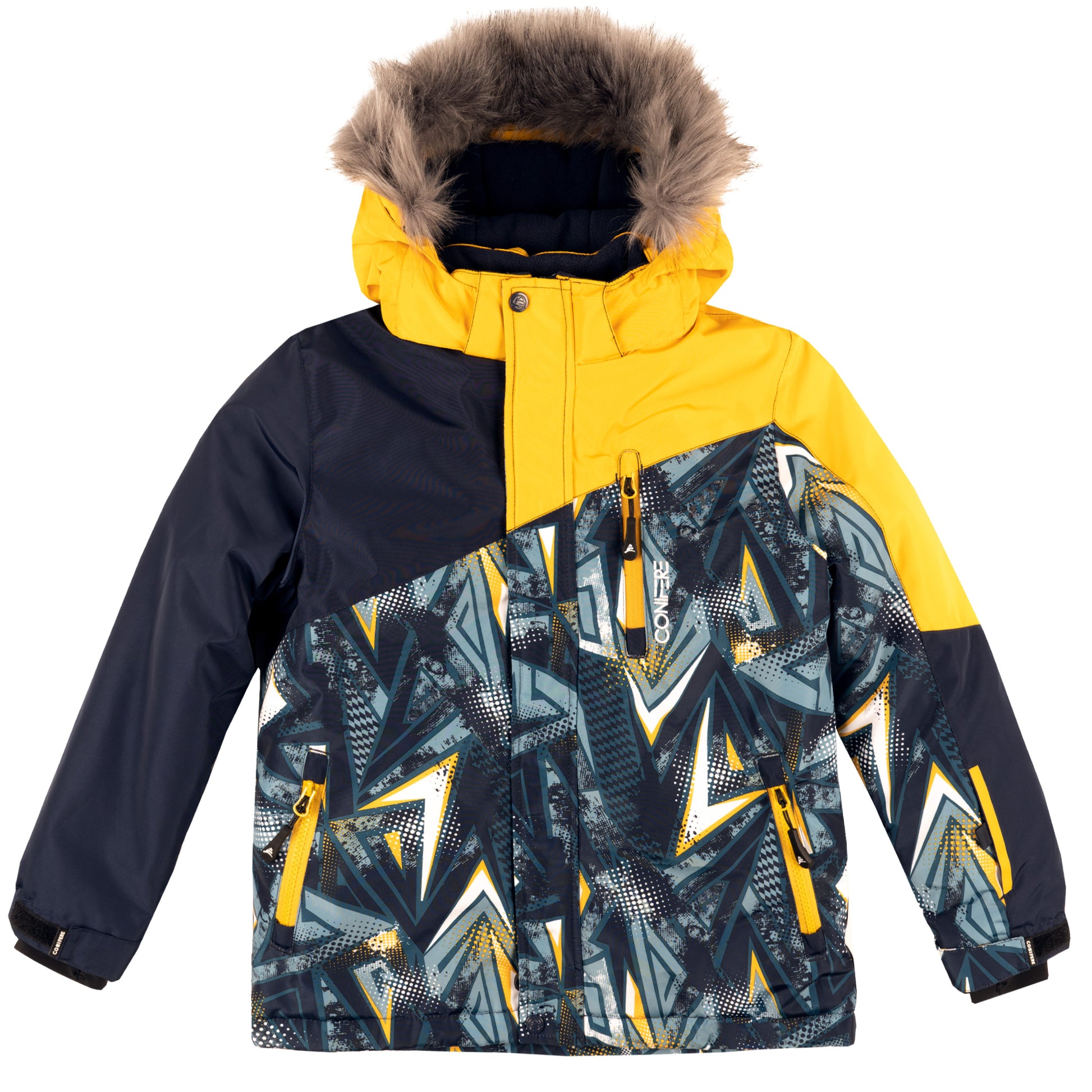 Insulated jacket with cold protection up to -35 C, water repellent shell, breathable fabric, removable hood, LED light, fleece lining, adjustable cuffs, YKK zipper, snowskirt. Pants feature adjustable suspenders, reflective piping, elastic waistband, Corduratech reinforcement, adjustable leg hem, side zippers, and removable bib