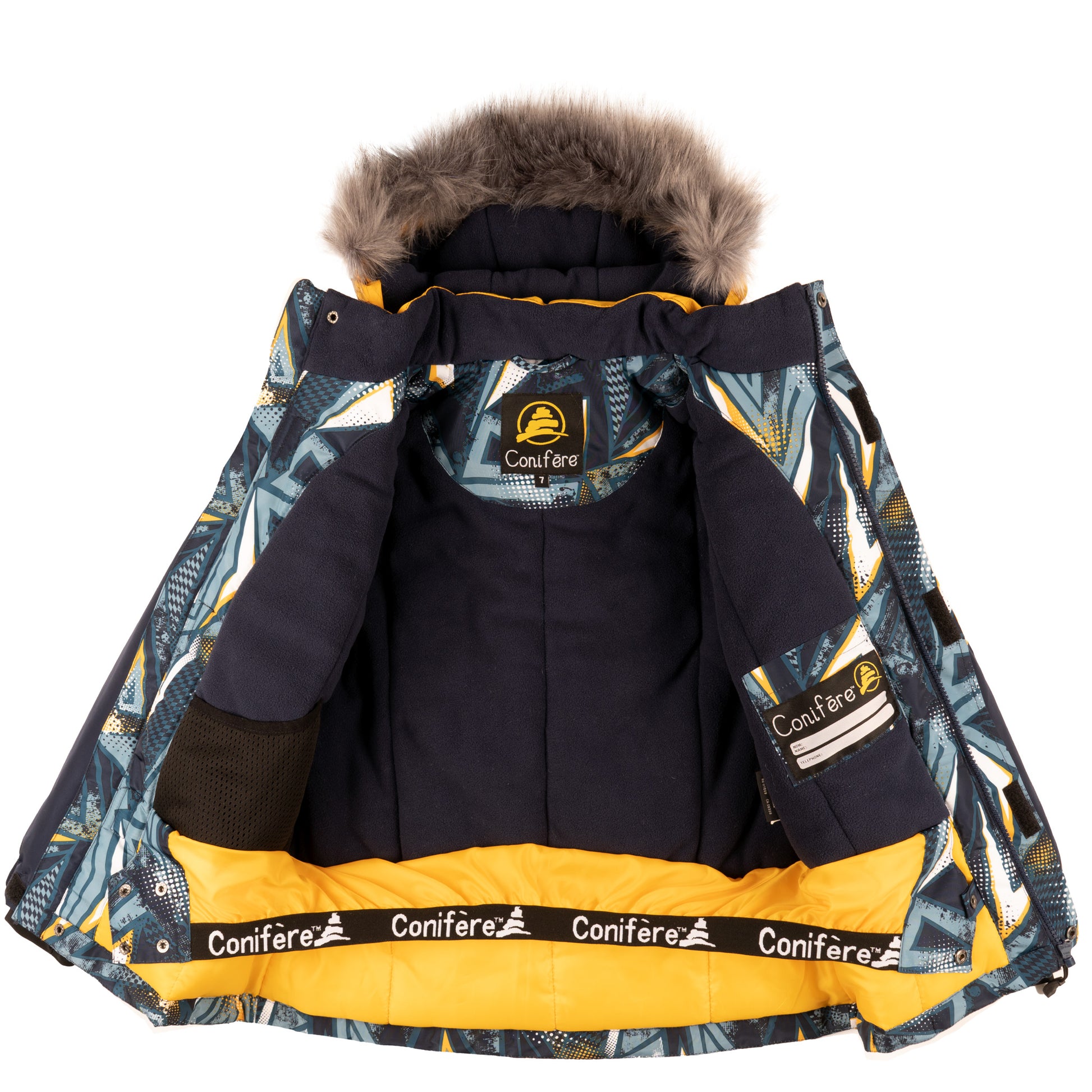 Insulated jacket with cold protection up to -35 C, water repellent shell, breathable fabric, removable hood, LED light, fleece lining, adjustable cuffs, YKK zipper, snowskirt. Pants feature adjustable suspenders, reflective piping, elastic waistband, Corduratech reinforcement, adjustable leg hem, side zippers, and removable bib