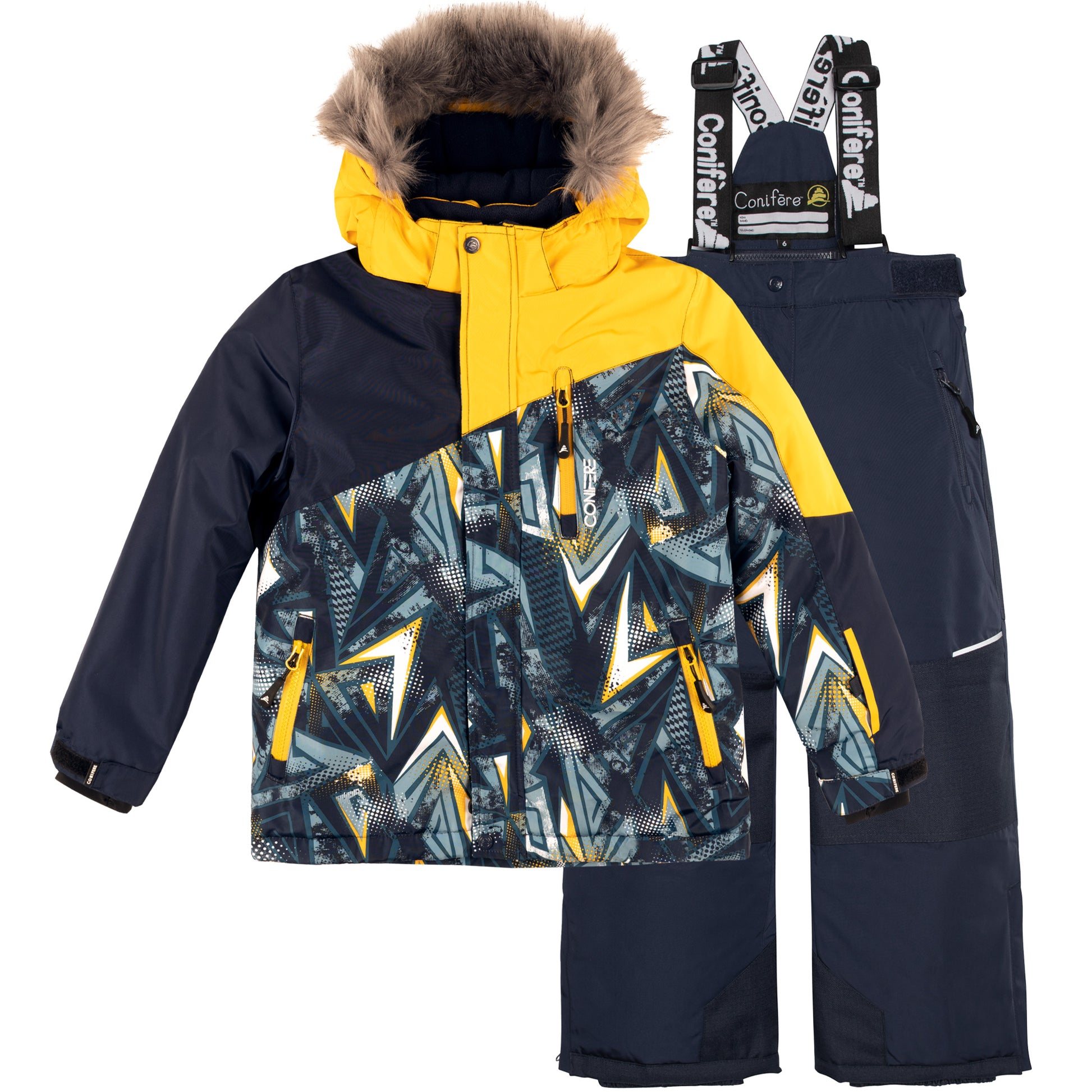 Insulated jacket with cold protection up to -35 C, water repellent shell, breathable fabric, removable hood, LED light, fleece lining, adjustable cuffs, YKK zipper, snowskirt. Pants feature adjustable suspenders, reflective piping, elastic waistband, Corduratech reinforcement, adjustable leg hem, side zippers, and removable bib