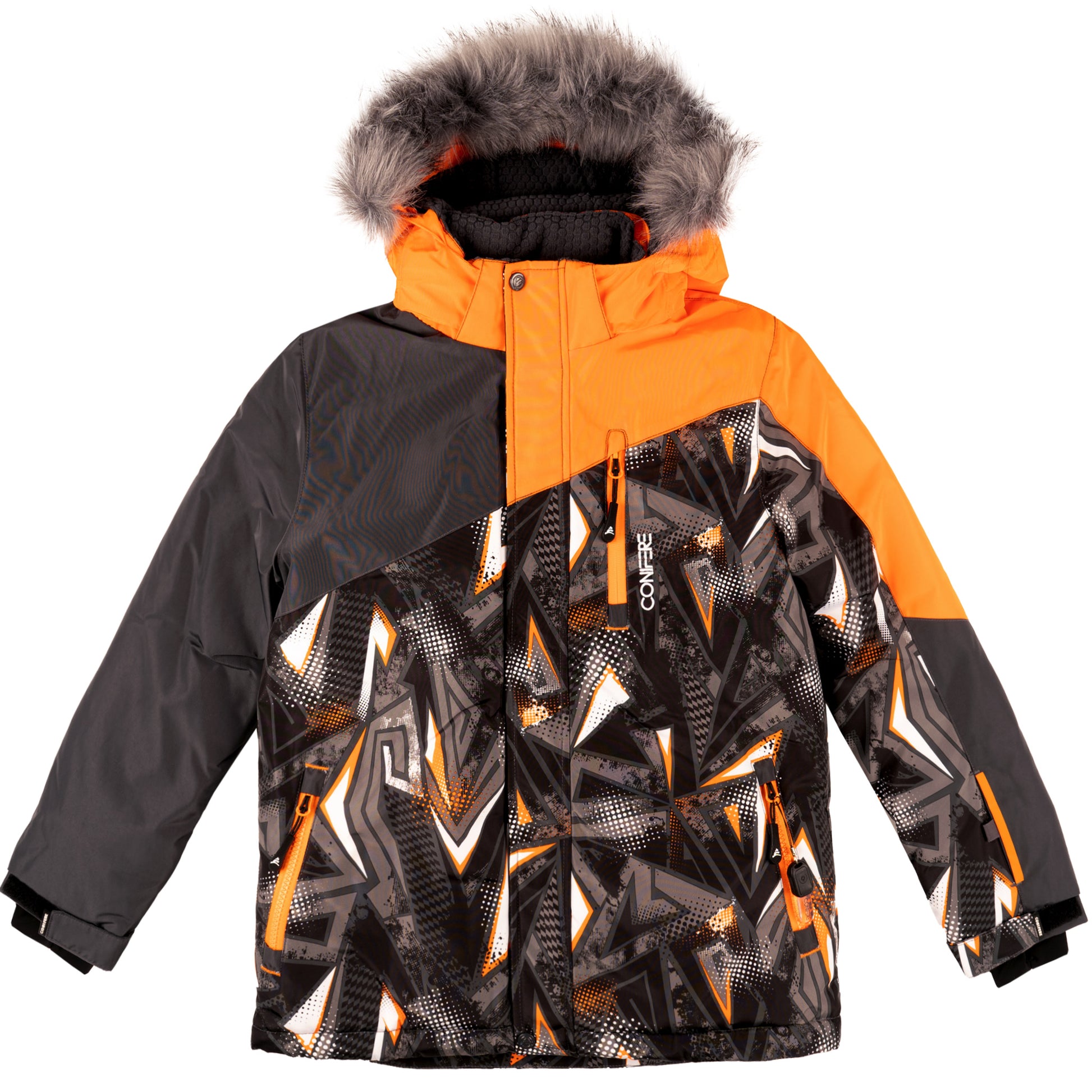 Insulated jacket with cold protection up to -35 C, water repellent shell, breathable fabric, removable hood, LED light, fleece lining, adjustable cuffs, YKK zipper, snowskirt. Pants feature adjustable suspenders, reflective piping, elastic waistband, Corduratech reinforcement, adjustable leg hem, side zippers, and removable bib