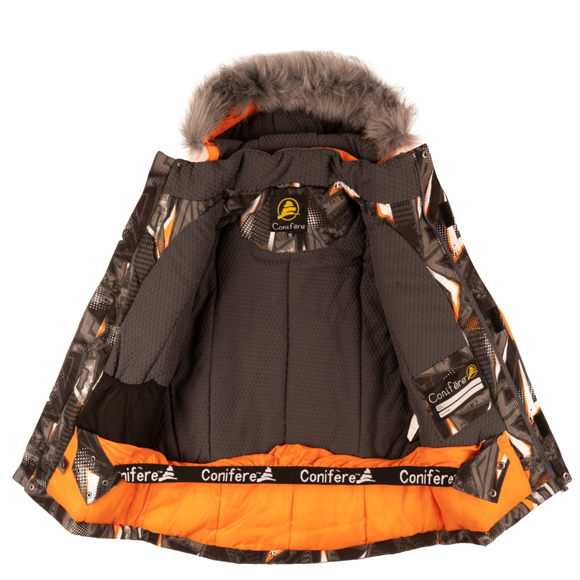 Insulated jacket with cold protection up to -35 C, water repellent shell, breathable fabric, removable hood, LED light, fleece lining, adjustable cuffs, YKK zipper, snowskirt. Pants feature adjustable suspenders, reflective piping, elastic waistband, Corduratech reinforcement, adjustable leg hem, side zippers, and removable bib