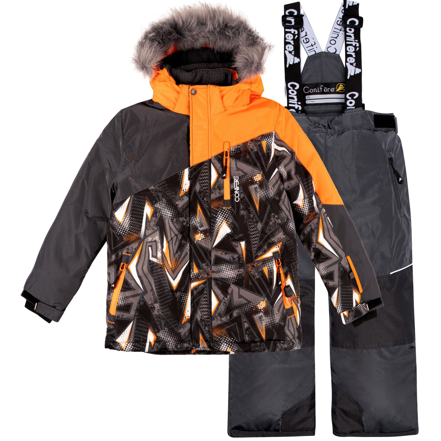 Insulated jacket with cold protection up to -35 C, water repellent shell, breathable fabric, removable hood, LED light, fleece lining, adjustable cuffs, YKK zipper, snowskirt. Pants feature adjustable suspenders, reflective piping, elastic waistband, Corduratech reinforcement, adjustable leg hem, side zippers, and removable bib